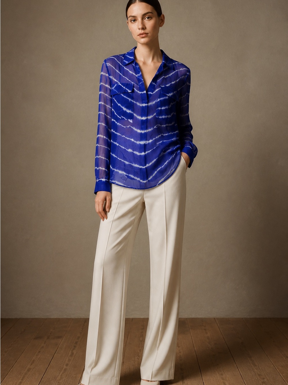 Olivaceous Royal Blue Tie-Dye Sheer Button Blouse( see through)